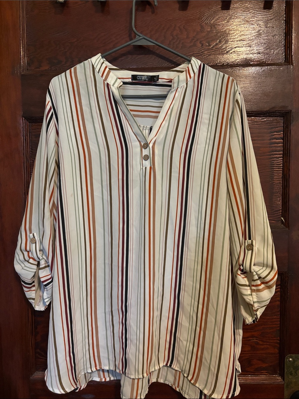 Cuddl Duds Cream Tunic with Rust, Navy & Olive Stripes